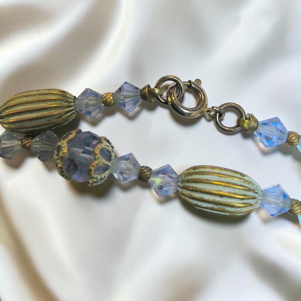 Vintage Mid Century Aqua Glass & Crystal 33" Necklace - Picture 9 of 11
